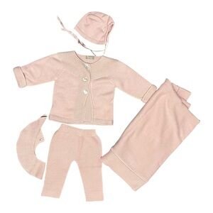 Carmina Pink Knit Baby Clothing Set Made In Spain Sweater Blanket Bonnet 6 Month
